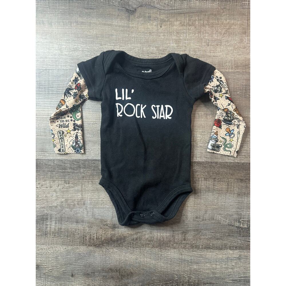 Sidewalk Talk "Lil Rock Star" Black Onesie w Tatted Sleeves 6-12 months